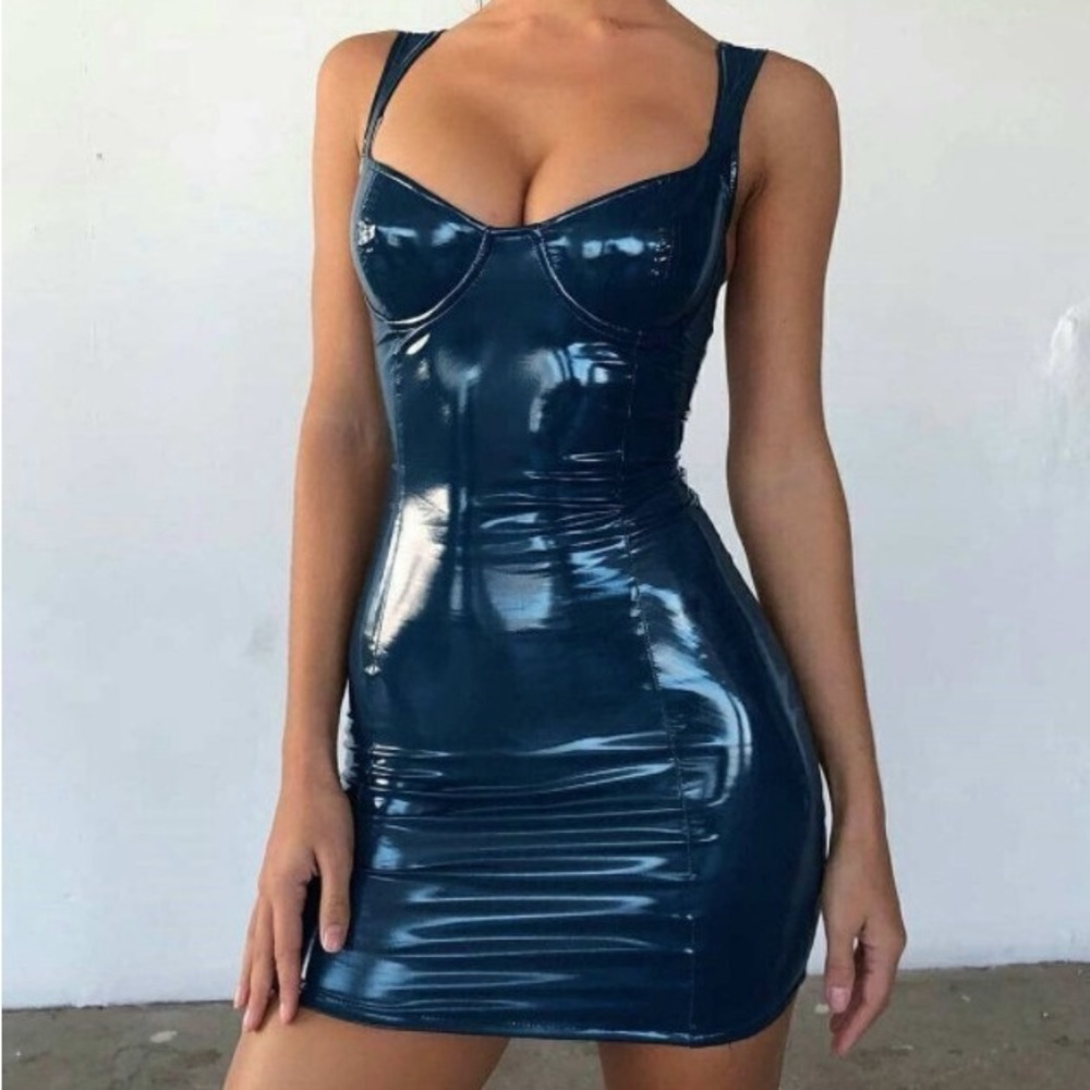 Oh Polly Live Wire Underwired Vinyl Mini Dress | Petrol Blue